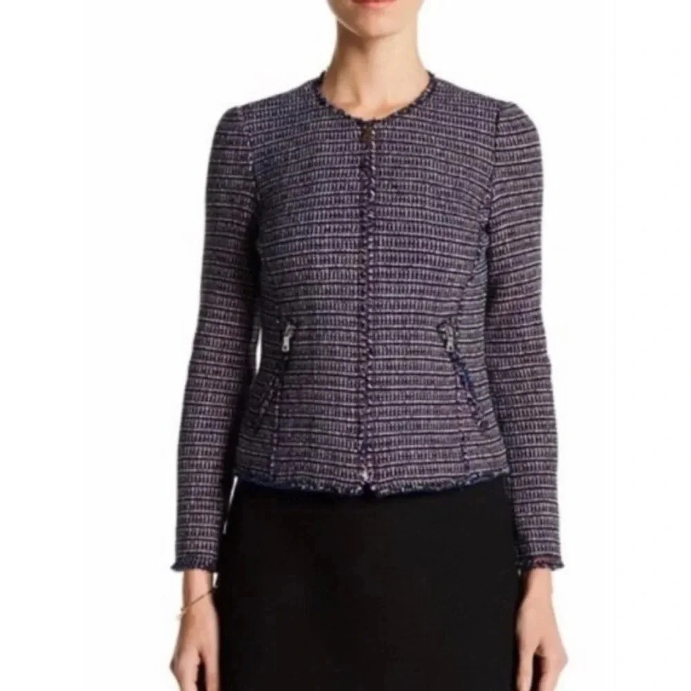 Rebecca Taylor Blue and Pink Tweed Zipper Front Frayed Hem‎ Blazer Size 6